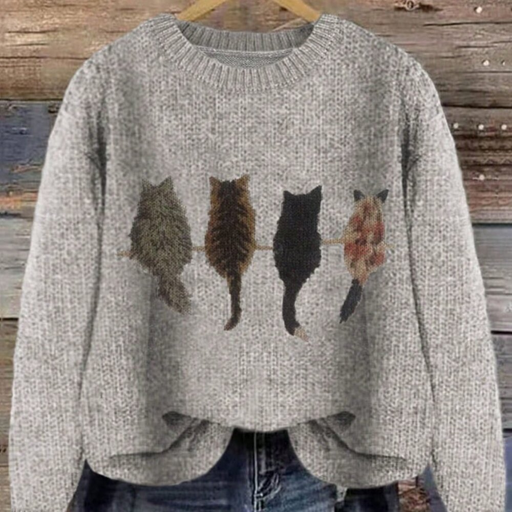 Grey Casual Women's Colorblock Cat Print Loose Knit Pullover Sweater